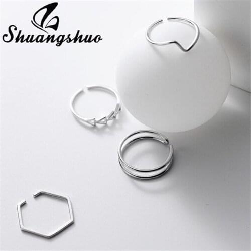 Shuangshuo 925 Sterling Silver Geometric Irregular Round Finger Rings Set for Women Fashion Open Ring Joint Ring Female Jewelry