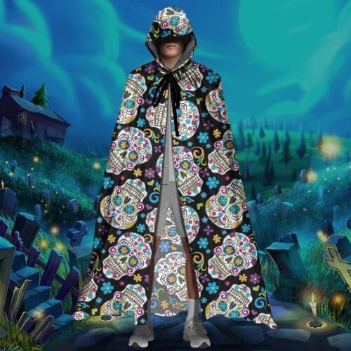 Loose Halloween Hooded Cloak Classic Sugar Skull Print Adult Unisex Full Length Vampire Witch Cosplay Costumes Hood Robes Capes