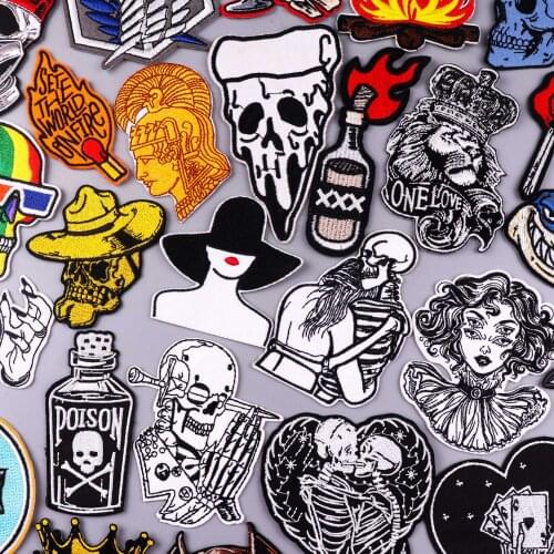 Punk Iron On Patches For Clothing Embroidered Patch For Clothing Thermoadhesive Patches On Clothes Skull Stripes Patch Stcikers
