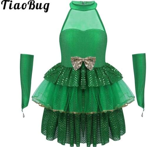 TiaoBug Kids Girls Christmas Elf Outfit Green Sequins Halter Sleeveless Ballet Leotard Mesh Tutu Dress Modern Jazz Dance Costume