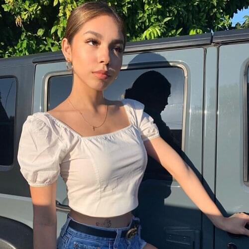 2021 White Crop Tops Vintage Square Collar Short Puff Sleeve Wrap Bustier Summer Sexy Backless T-shirt Tees Streetwear Clothes