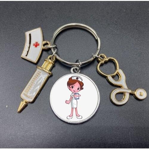 High / New Style 1 Piece Nurse Medical Syringe Stethoscope Image Keychain Glass Cabochon and Glass Dome Key Ring Pendant Gift