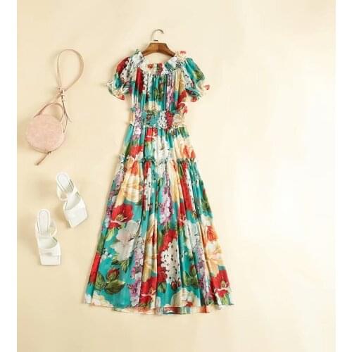 Womens American European and clothing 2021 summer new style Short sleeves with a neck Fashionable flower-printed blue dress