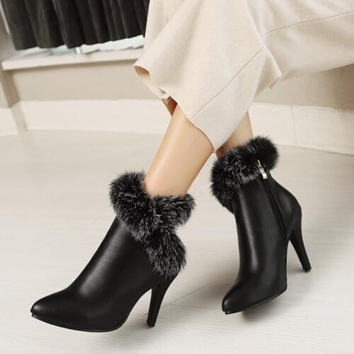 YMECHIC Thin High Heels Ankle Boots Faux Fur Fringe Fashion Ladies Shoes Red White Black Party Wedding Shoes Booties Winter 2018
