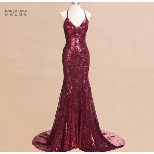 Burgundy Sequined Long Evening Dress Mermaid Backless Evening Party Prom Gowns Formal Women Dress Criss-Cross Custom Make