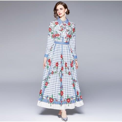 Autumn Vintage Fashion Runway Party Dresses For Womens Long Sleeve High Waist Floral Print Lace Up Sashes Pleated Midi Dress
