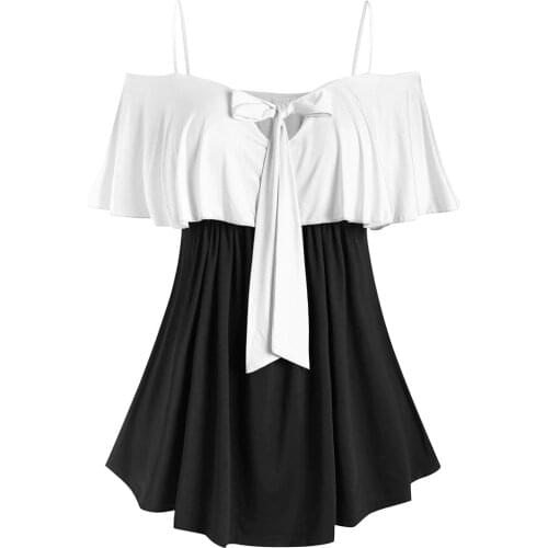 Plus Size Blouse Two Tone Bowknot Ruffled Sling Folds Shirt Tops Summer New Hot Womens Tops Clothing Off Shoulder