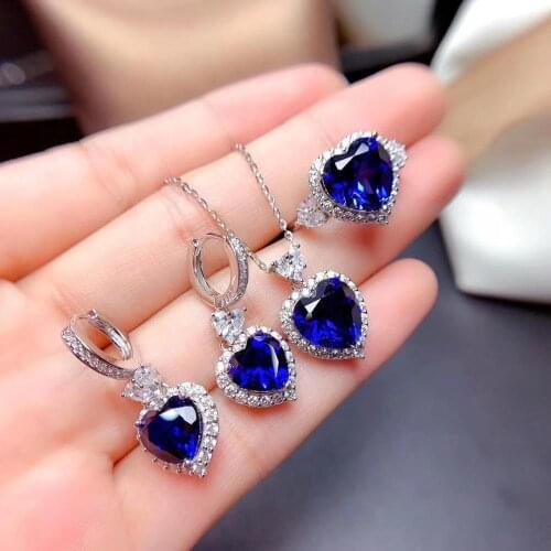 Hot Sale Natural And Real Sapphire Set 925 Sterling Silver 1pc Sapphire Ring,2pcs Sapphire Earring,1pc Sapphire Pendant