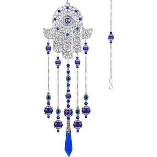 H&D Blue Evil Eye with Hamsa Hand Protection Hanging Crystal Suncatcher With Crystal Prisms Rainbow Maker For Home Window Decor