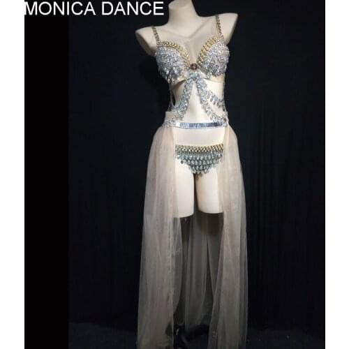 Sexy Stage Nightclub Female DjDs Pole Dance Gogo Rhinestone Bikini Sets Trailing Dress Stage Costume Party Festival Outfits