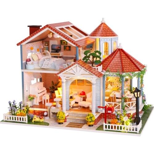 Dollhouse Miniature DIY Wooden Dollhouse Kit with Furniture with LED Light Western Cottage