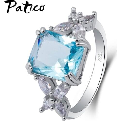 Fashion Jewelry Ring Blue Square CZ Stone Jewelry Rings for Women/ Girls/Bridal Wedding Cubic Zirconia Ring Wholesale