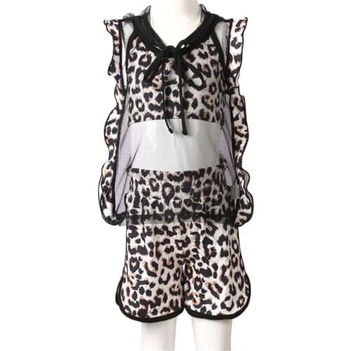 2021 New Leopard Print Fashionable Personality Childrens Clothing Set Girls Hooded Mesh + Sleeveless Blouse + Loose Shorts