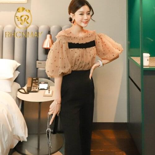 Korean Version 2021 Summer New office Two piece Set Show Thin Waist Pencil Pants Lantern Sleeve Screen Printed Slash Neck Top