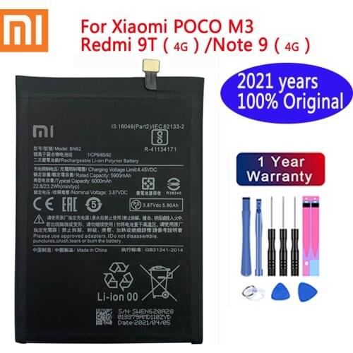 Xiao Mi Original 6000mAh BN62 Phone Battery For Xiaomi POCO M3 Redmi Note 9 4G 9T Replacement Batteries + Tools+Tracking number