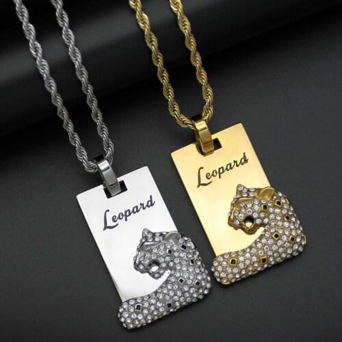Hip Hop Rhinestones Paved Bling Iced Out Stainless Steel Cheetah Leopard Sqaure Pendants Necklaces for Men Rapper Jewelry