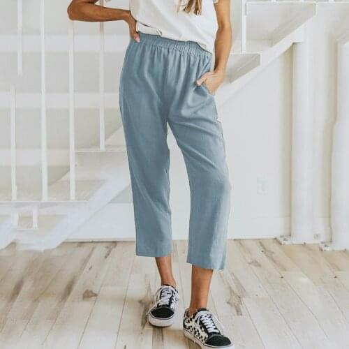 Casual Elactic Waist Solid Women Calf-Length Pants Comfortable Cotton Linen Ladies Streight Pants Casual Femme Pocket Streetwear