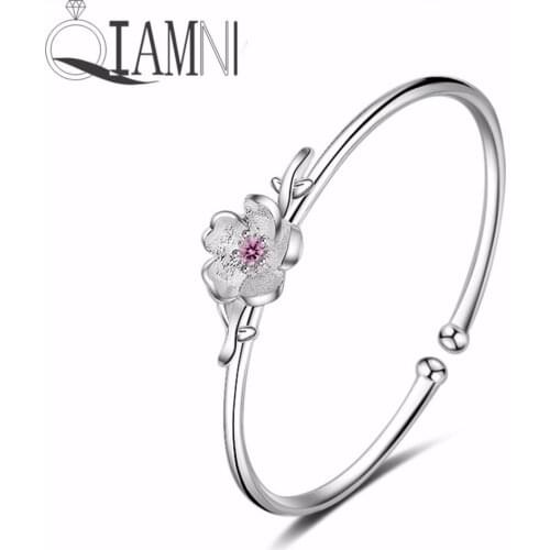 QIAMNI Elegant Cherry Blossoms Bangles Bracelets for Women Lovely Flower Purple Zircon Cuff Bangles Wedding Best Friend Gift