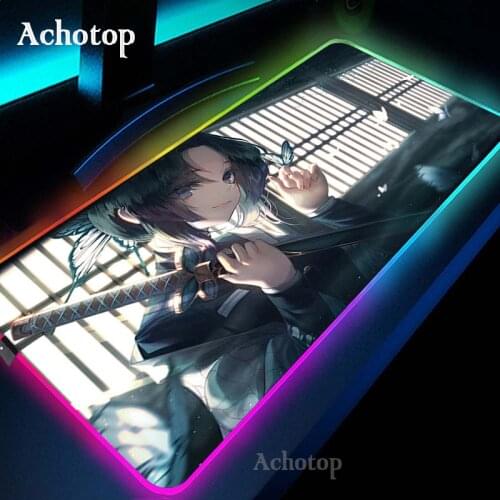 LED Light Gaming Mouse Pad RGB Anime Demon Slayer Large Keyboard Non-Slip Rubber Base Computer Carpet Desk Mat PC Game Mouse Pad