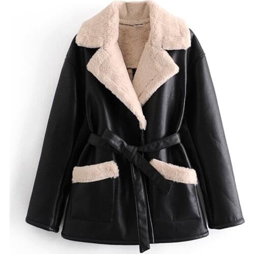 Female Outerwear Chic Tops Women Fashion Thick Warm Winter Belted Grained Faux Leather Jacket Coat Vintage Long Sleeve