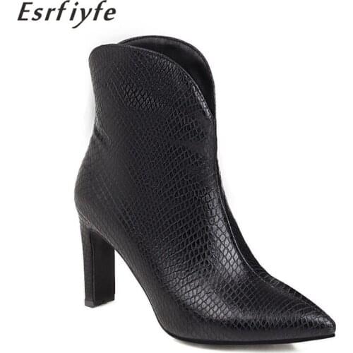ESRFIYFE 2020 New Fashion Autumn Winter Women Snakeskin Grain Point Toe Ankle High Heel Womens Chelsea Boots Large Size 34-48