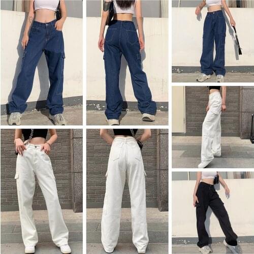 Women Casual Loose Style Jeans, Solid Color High Waist Wide-leg Pants with Big Pockets, White/ Dark Blue/ Black