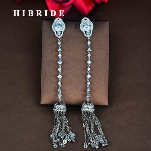 HIBRIDE Fashion Clear Cubic Zircon Women Long Chain Tassel Earrings Pendientes Boucle d'oreille Jewelry Brincos Wholsale E-833