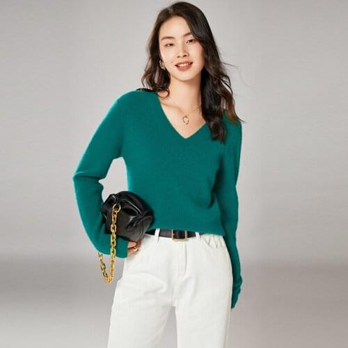 2021 woman winter 100% Cashmere sweaters knitted Pullovers jumper Warm Female V-neck blouse blue long sleeve clothing