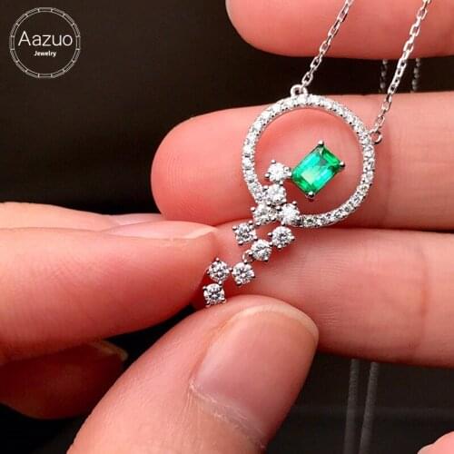 Aazuo Real 18K White Gold Real Diamond Natural Emerald Fairy Round Pendent Necklace gifted for Women Chain Au750