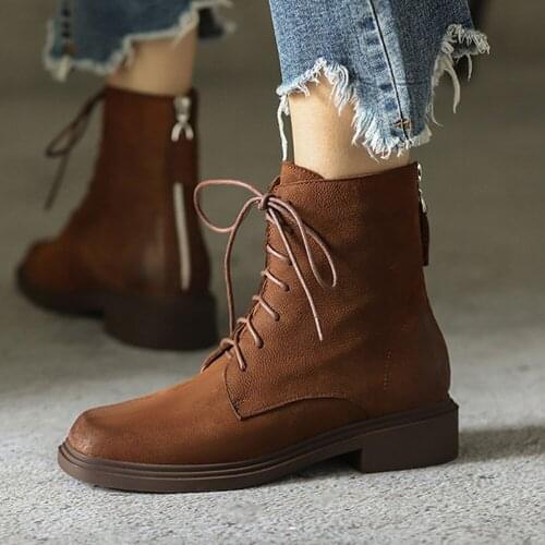 Full grain leather round toe cross-tied 3cm low heels lace up back zip winter keep warm motorcycles ankle boots DSHL12 MUYISEXI