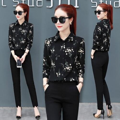 2020 Summer Floral Printed Women Blouse And Shirts Slim Office Lady Black Chiffon Shirts Outwear Coat Tops