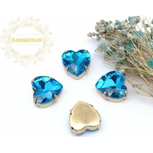 Turquoise blue Heart shape Crystal Glass Sewing Rhinestones with gold Claw Rhinestones for Diy wedding Dress and Bags