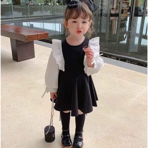 Kids Dresses for Girls 2021 Spring Ruffle Patchwork A-line Sweet Long Sleeve O Neck Black Color Princess Dresses 3-8T