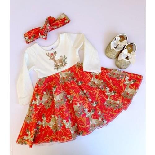 FOCUSNORM Christmas Infant Kids Girls Sweet Dress Outfits 1-6Y Cartoon Deer Printed Long Sleeve A-Line Dress+Headband