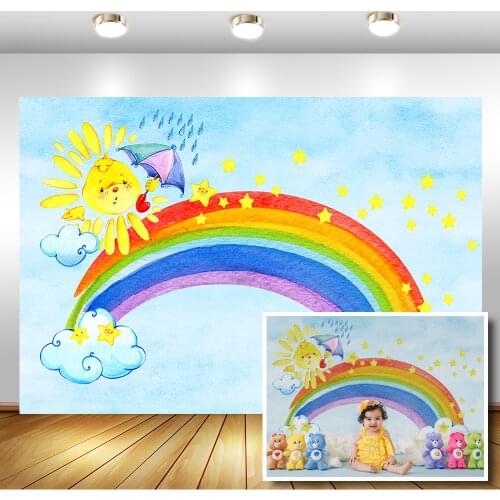 Rainbow 1st Birthday Photography Background Newborn Baby Birthday Photo Props Studio Booth Background Golden Sun Stars Backdrops