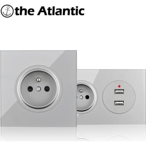 FR Standard Power Socket With Dual USB Charging Port 2 Gang Socket Double Socket Outlet Czech Slovakia Silver Gray Grey Glass