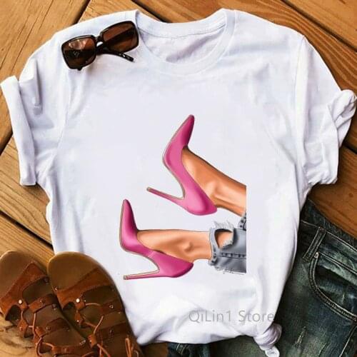 Fashion Pink High Heels Print T Shirt Summer 90s 00s Girl Student Streetwear Women Hip Hop Tshirt Femme Top Female T-Shirt