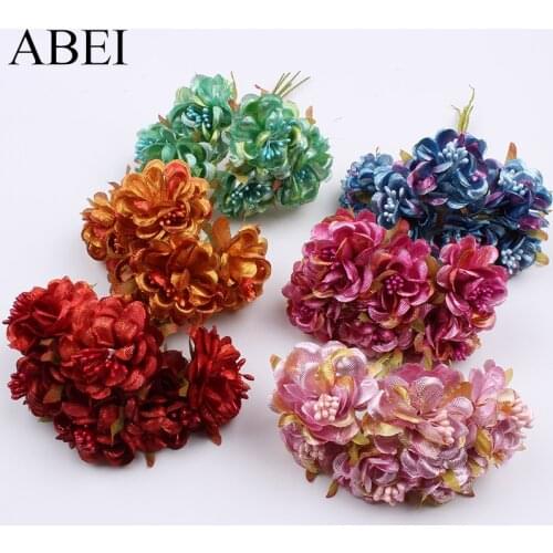 12pcs/lot Artificial Shiny Silk Fabric Flower Fake Stamens flower Bouquet For Home Wedding Party Decoration DIY Accessory