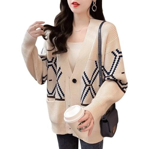 New Jacquard Knitted Cardigan Womens Autumn Winter Warm Sweater Coat Loose Outer Wear Long Sleeve Single Breasted Cardigan