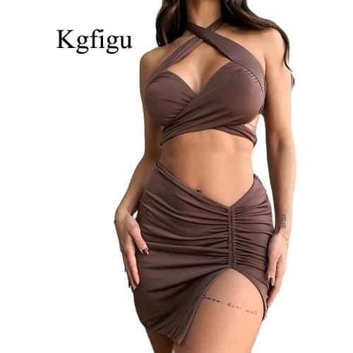 KGFIGU Brown Bandage V-Neck Crop Tops And Ruched Mini Skirts Two Piece Sets Women Sexy Backless New Style Stretchy Club Outfits