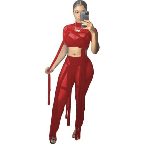 Sheer Mesh Bandage Two Piece Set Women Summer Sexy O Neck Short Sleeve Crop Top + Pants See Through Slim Club Set Women Outfits