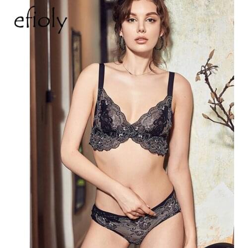 EFIOLY Ultra-thin Embroidered Bra Set Lace Openwork Sexy Bra And Panty Set No Steel Ring Trace Perspective Women Bra Set