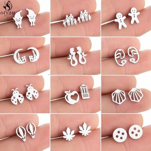 Tiny Stainless Steel Earrings for Women Kids Everyday Jewelry Fashion Face Apple Pencil Mermaid Earings Stud Jewelry Accessories