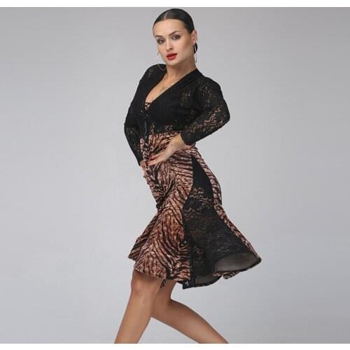 Lace dance dress women tango dress female print Splicing salsa rumba costumes leopard latin dress sexy samba dance dress fringe