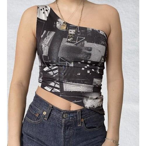 Summer One Shoulder Skinny Vest 90s Vintage Chinese Style Crop Top Y2K Aesthetic Corset Top Women Streetwear E-girl Clothes