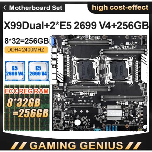 JINGSHA X99 Dual CPU Motherboard Set with E5-2699 V4 CPU and DDR4 8*32GB 256GB ECC REG 2400MHZ Dual Gigabit Ethernet VGA USB3.0