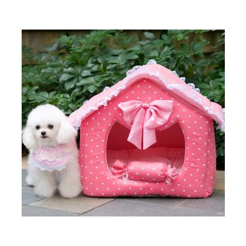 Lovely pet dog cat pink princess bowknot bed doggy Removable house puppy winter warm soft beds dogs cats kennels sofas products