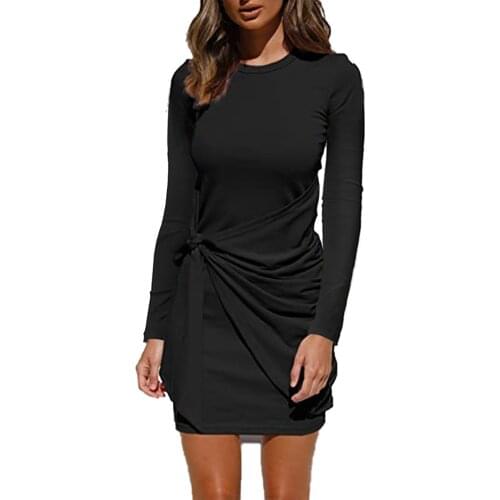 Long Sleeve Round Neck Mini Dress Pleated Bow-knot Belt Irregular Pleated Ladies Dresses Solid Color Bodycon Female Vestidos D30