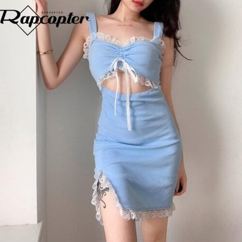 Rapcopter y2k Blue Mini Dress Spaghetti Strap Sundress Lace Hollow Out Split Dress Women Ruched Tie Up Summer Dress Vintage 90S
