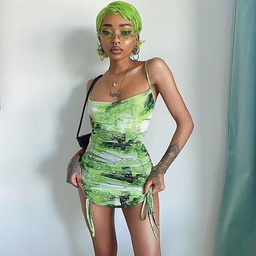 Fashion green tie dye print spaghetti straps sexy bodycon mini dress 2020 summer women adjustable bottom club party streetwear